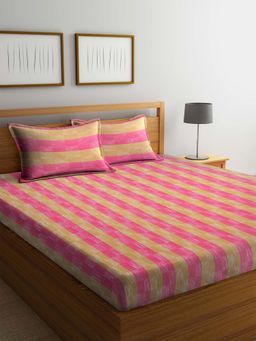 ARRABI - Pink Stripes Handwoven Cotton Double Bedsheet with 2 Pillow Covers