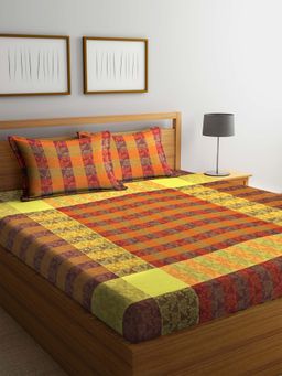 ARRABI - Multi Floral Handwoven Cotton Double Bedsheet with 2 Pillow Covers