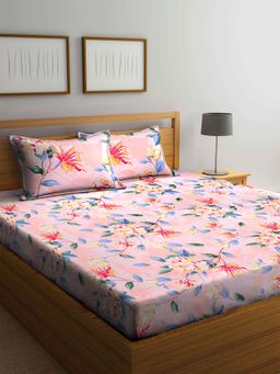 ARRABI - Peach Floral TC Cotton Blend Double King Bedsheet with 2 Pillow Covers