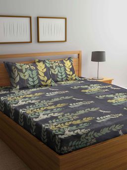 ARRABI - Grey Leaf TC Cotton Blend Double King Bedsheet with 2 Pillow Covers