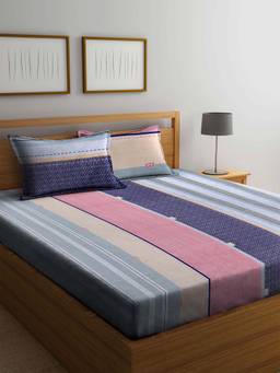 ARRABI - Multi Striped TC Cotton Blend Double King Bedsheet with 2 Pillow Covers