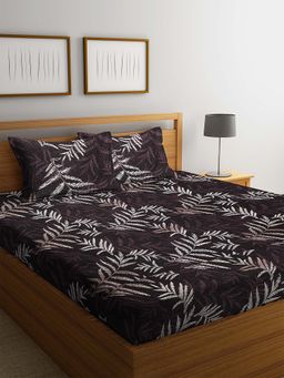 ARRABI - Brown Leaf TC Cotton Blend Double Bedsheet with 2 Pillow Covers