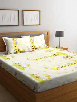 ARRABI - Yellow Animal TC Cotton Blend Double Bedsheet with 2 Pillow Covers