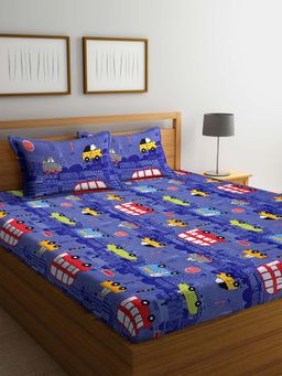 ARRABI - Blue Graphic TC Cotton Blend Double Bedsheet with 2 Pillow Covers