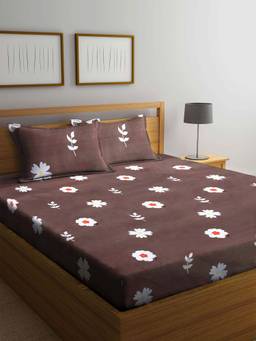 ARRABI - Brown Floral TC Cotton Blend Double King Bedsheet with 2 Pillow Covers