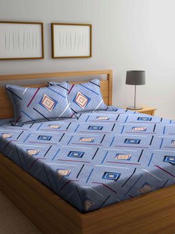 ARRABI - Grey Geometric TC Cotton Blend Double Bedsheet with 2 Pillow Covers