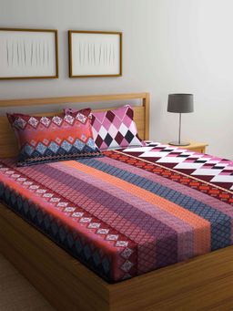 ARRABI - Multi Indian TC Cotton Blend Double Bedsheet with 2 Pillow Covers