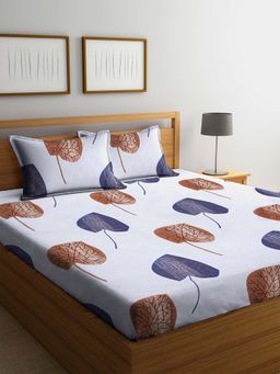 ARRABI - Blue Leaf TC Cotton Blend Double Bedsheet with 2 Pillow Covers