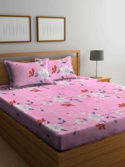 ARRABI - Pink Floral TC Cotton Blend Double Bedsheet with 2 Pillow Covers