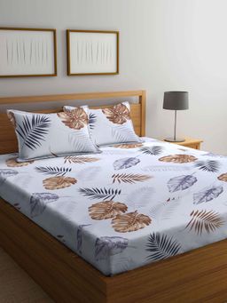 ARRABI - White Leaf TC Cotton Blend Double Bedsheet with 2 Pillow Covers