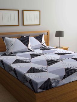 ARRABI - Grey Geometric TC Cotton Blend Double King Bedsheet with 2 Pillow Covers