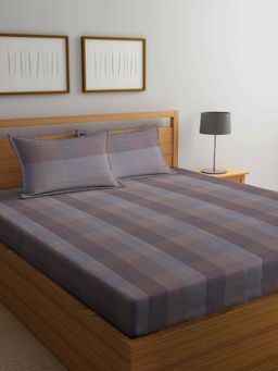 ARRABI - Beige Check Handwoven Cotton Double Bedsheet with 2 Pillow Covers