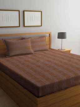 ARRABI - Brown Stripes Handwoven Cotton Double Bedsheet with 2 Pillow Covers