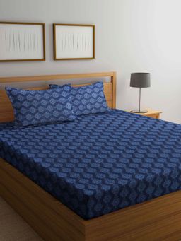 ARRABI - Blue Indian Handwoven Cotton Double Bedsheet with 2 Pillow Covers