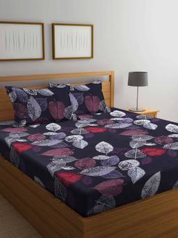 ARRABI - Black Leaf TC Cotton Blend Double Bedsheet with 2 Pillow Covers