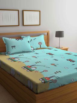 ARRABI - Green Cartoon TC Cotton Blend Double Bedsheet with 2 Pillow Covers