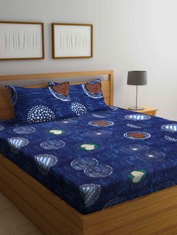 ARRABI - Blue Graphic TC Cotton Blend Double Bedsheet with 2 Pillow Covers