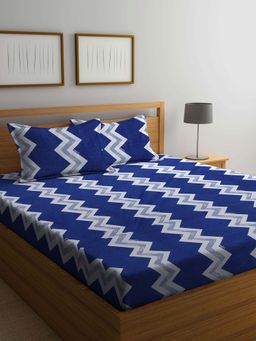 ARRABI - Blue Geometric TC Cotton Blend Double Bedsheet with 2 Pillow Covers