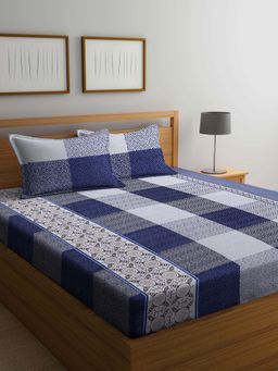 ARRABI - Blue Indian TC Cotton Blend Double King Bedsheet with 2 Pillow Covers