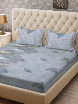 ARRABI - Grey Leaf TC Cotton Blend Double King Bedsheet with 2 Pillow Covers