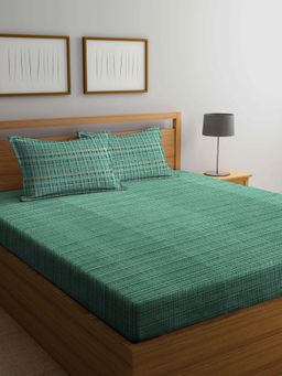 ARRABI - Green Stripes Handwoven Cotton Double Bedsheet with 2 Pillow Covers