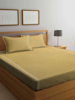 ARRABI - Yellow Floral Handwoven Cotton Double Bedsheet with 2 Pillow Covers