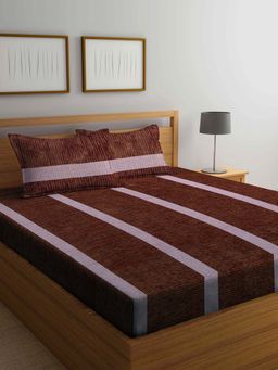 ARRABI - Brown Stripes Handwoven Cotton Double Bedsheet with 2 Pillow Covers