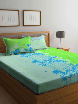 ARRABI - Green Floral TC Cotton Blend Double King Bedsheet with 2 Pillow Covers