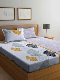 ARRABI - Grey Leaf TC Cotton Blend Double King Bedsheet with 2 Pillow Covers