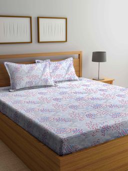 ARRABI - White Floral TC Cotton Blend Double King Bedsheet with 2 Pillow Covers