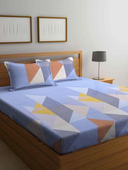 ARRABI - Blue Geometric TC Cotton Blend Double King Bedsheet with 2 Pillow Covers