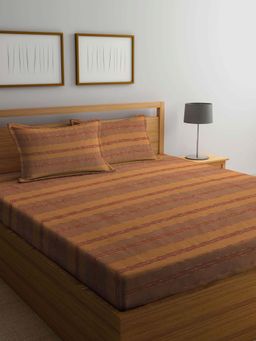 ARRABI - Brown Stripes Handwoven Cotton King Bedsheet with 2 Pillow Covers