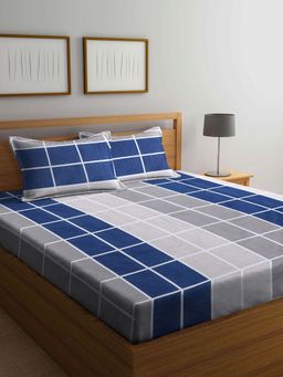 ARRABI - Blue Checks TC Cotton Blend Double Bedsheet with 2 Pillow Covers