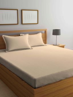 ARRABI - Cream Solid TC Cotton Blend Double Bedsheet with 2 Pillow Covers