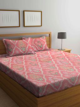 ARRABI - Peach Floral TC Cotton Blend Double King Bedsheet with 2 Pillow Covers