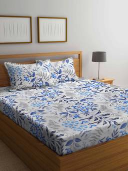 ARRABI - White Floral TC Cotton Blend Double Bedsheet with 2 Pillow Covers