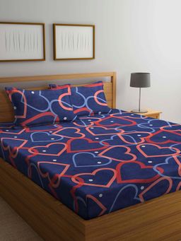 ARRABI - Blue Graphic TC Cotton Blend Double Bedsheet with 2 Pillow Covers