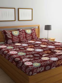 ARRABI - Brown Floral TC Cotton Blend Double King Bedsheet with 2 Pillow Covers