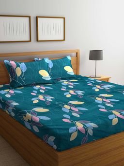 ARRABI - Green Leaf TC Cotton Blend Double King Bedsheet with 2 Pillow Covers