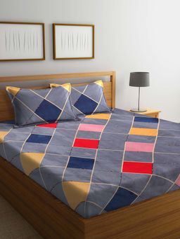 ARRABI - Grey Geometric TC Cotton Blend Double King Bedsheet with 2 Pillow Covers