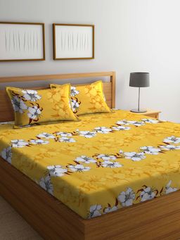 ARRABI - Yellow Floral TC Cotton Blend Double Bedsheet with 2 Pillow Covers