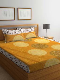 ARRABI - Yellow Indian TC Cotton Blend Double Bedsheet with 2 Pillow Covers