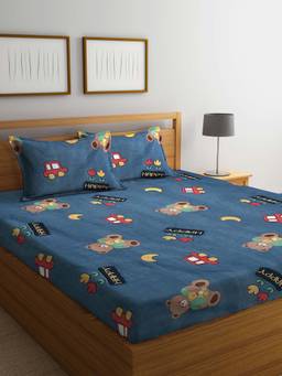 ARRABI - Blue Cartoon TC Cotton Blend Double Bedsheet with 2 Pillow Covers