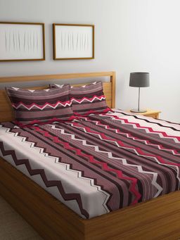 ARRABI - Brown Geometric TC Cotton Blend Double Bedsheet with 2 Pillow Covers