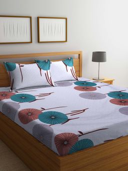 ARRABI - Grey Floral TC Cotton Blend Double Bedsheet with 2 Pillow Covers