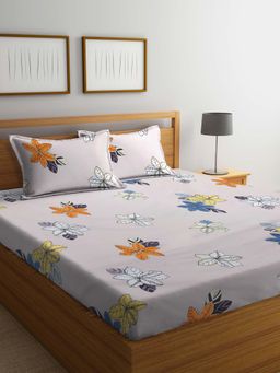 ARRABI - Beige Floral TC Cotton Blend Double Bedsheet with 2 Pillow Covers