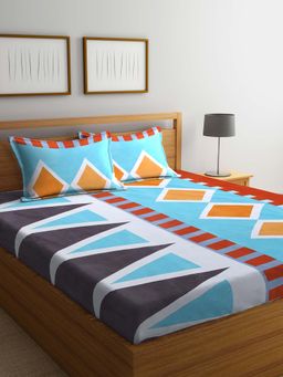 ARRABI - Blue Geometric TC Cotton Blend Double Bedsheet with 2 Pillow Covers