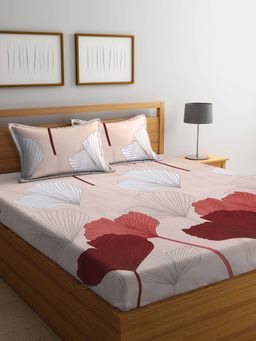 ARRABI - Brown Floral TC Cotton Blend Double Bedsheet with 2 Pillow Covers