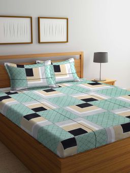 ARRABI - Green Geometric TC Cotton Blend Double Bedsheet with 2 Pillow Covers