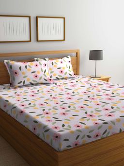 ARRABI - Pink Floral TC Cotton Blend Double Bedsheet with 2 Pillow Covers